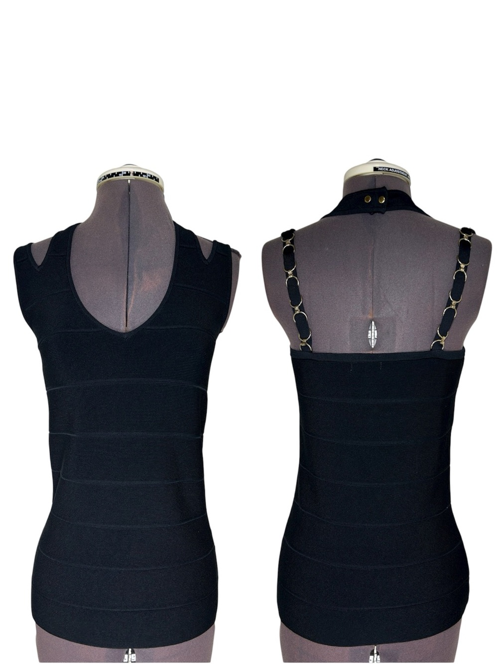 Cache Y2K Black Horizontal Bandage Knit  Gold Chain Straps Bodycon Halter Top S‎